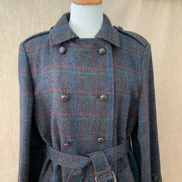 Vintage Aquascutum Trench Coat | Pure Virgin Wool Herringbone Plaid - Picture 6 of 14